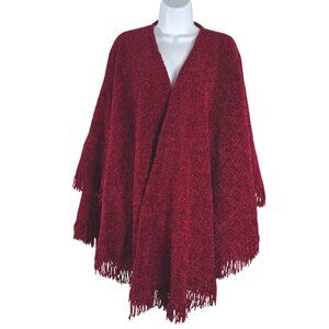 Weave O' The Irish Chenille Poncho Shawl Womens One Size Red Fringe FS-1393